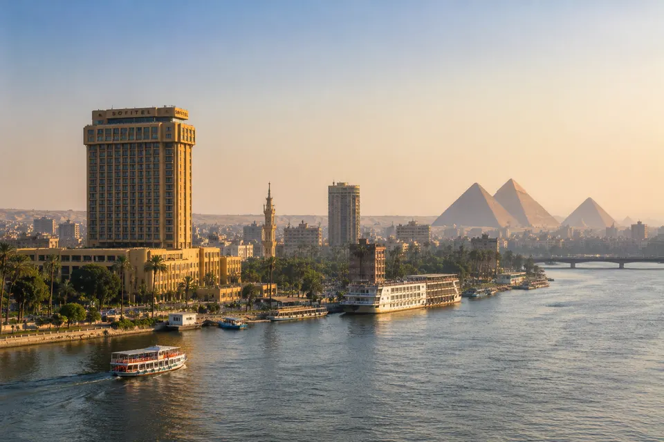 Cairo skyline along the Nile at golden hour