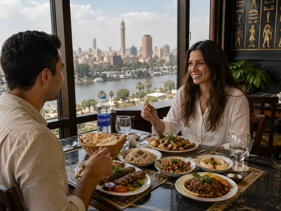 Couple dining with a view of the Nile and Cairo Tower