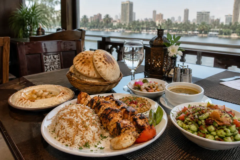 Egyptian grilled chicken with rice and mezze with a Nile view