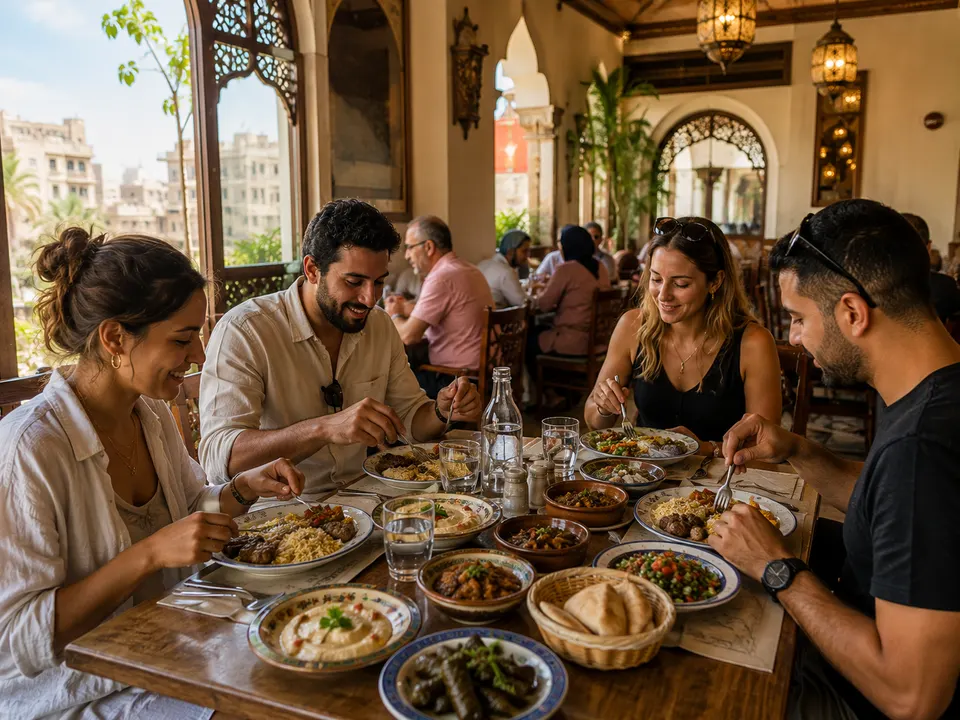 Egyptian mezze lunch shared at a table in Cairo