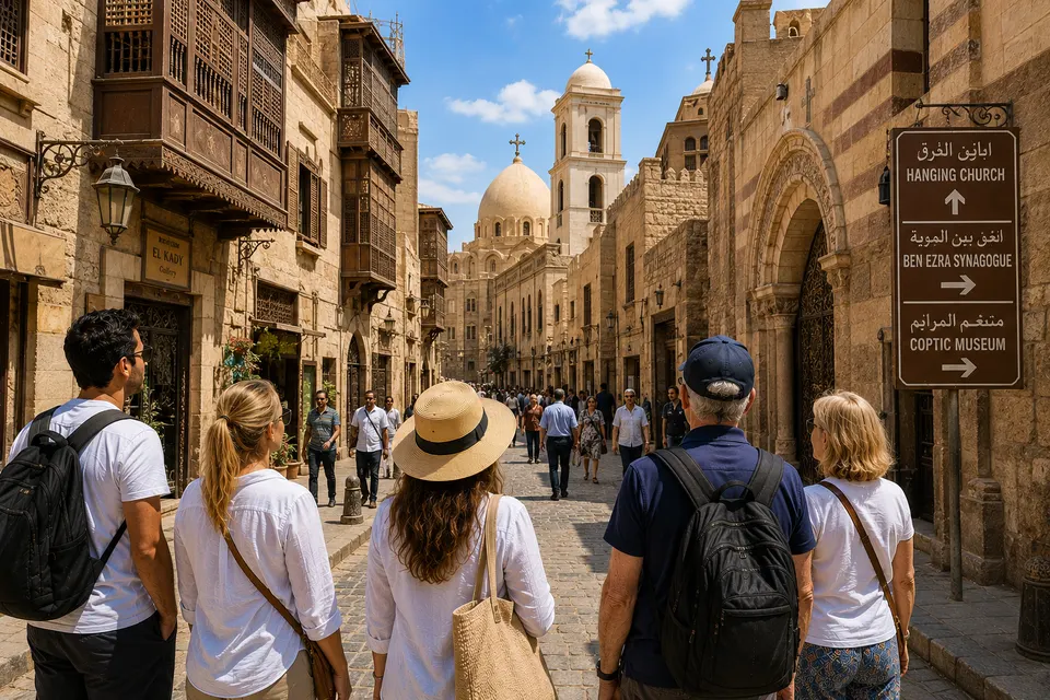 Tourists in a street of Coptic Cairo near the Hanging Church