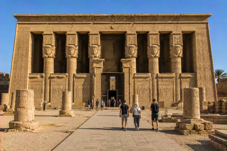 Facade of the Temple of Hathor at Dendera with its Hathor-headed columns
