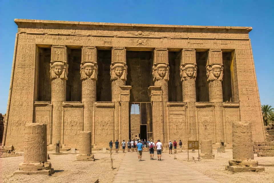 Visitors among the Hathor columns at Dendera