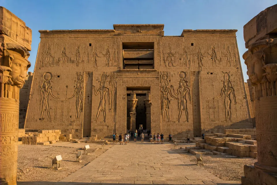Pylon and columns of the Temple of Horus at Edfu in golden light