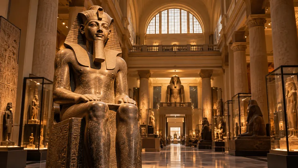 Seated pharaoh statue in a hall of the Egyptian Museum, Cairo