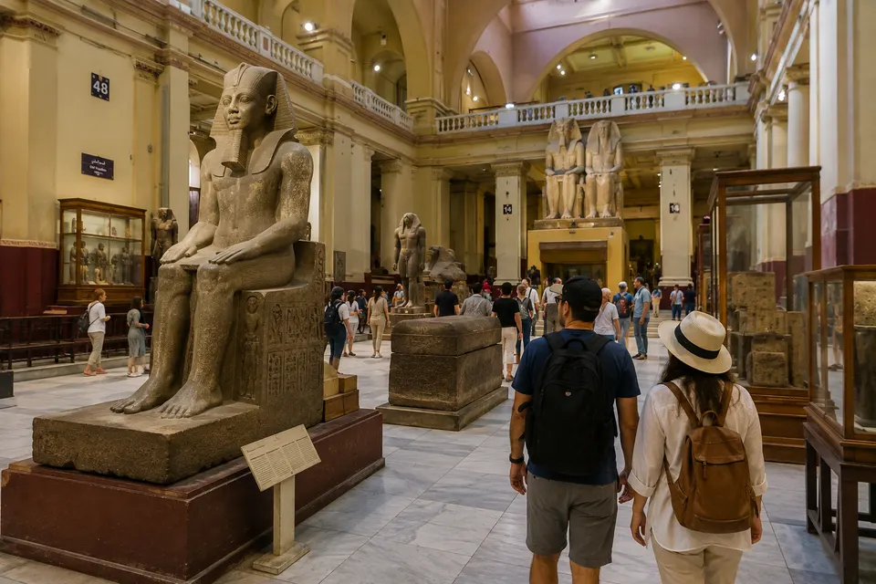 Couple viewing statues in a hall of the Egyptian Museum