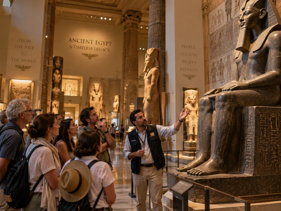 Guide beside a colossal seated statue in a museum hall