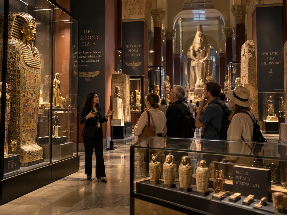 Sarcophagi and canopic jars in a museum gallery