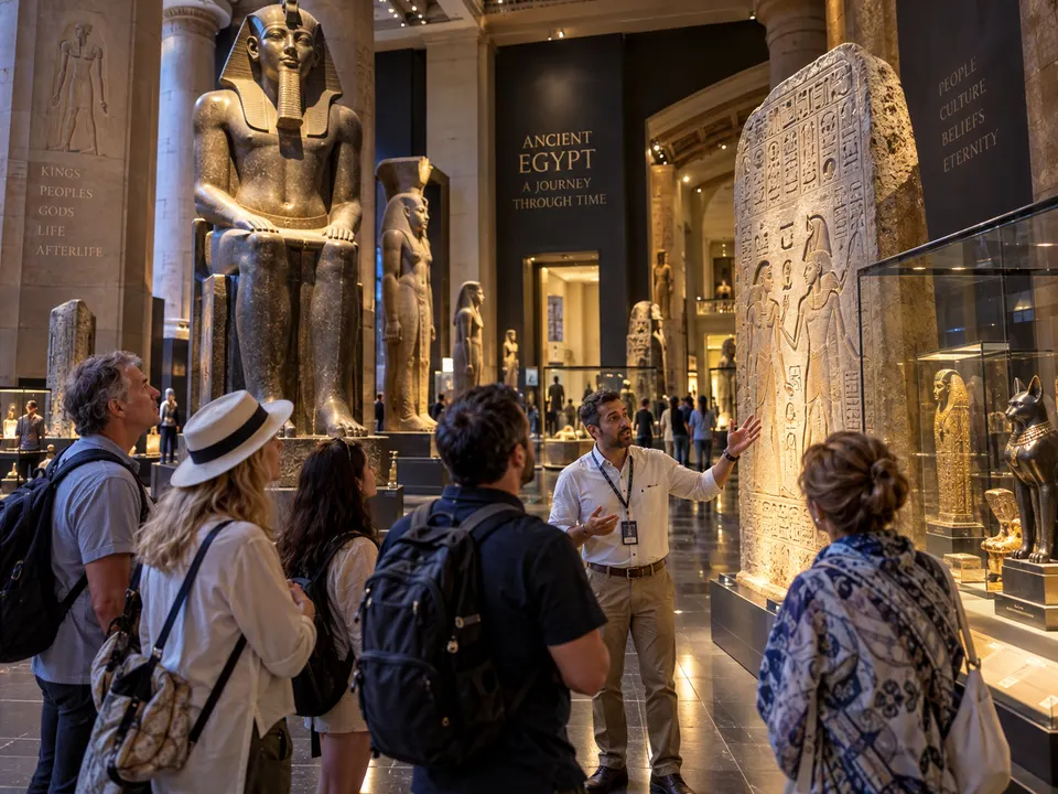 Guide with a tour group beside a seated statue