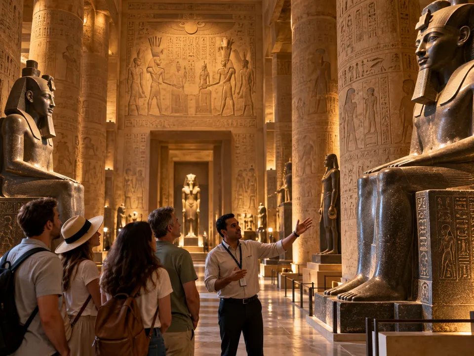 Guide explaining statues to a group in a museum hall