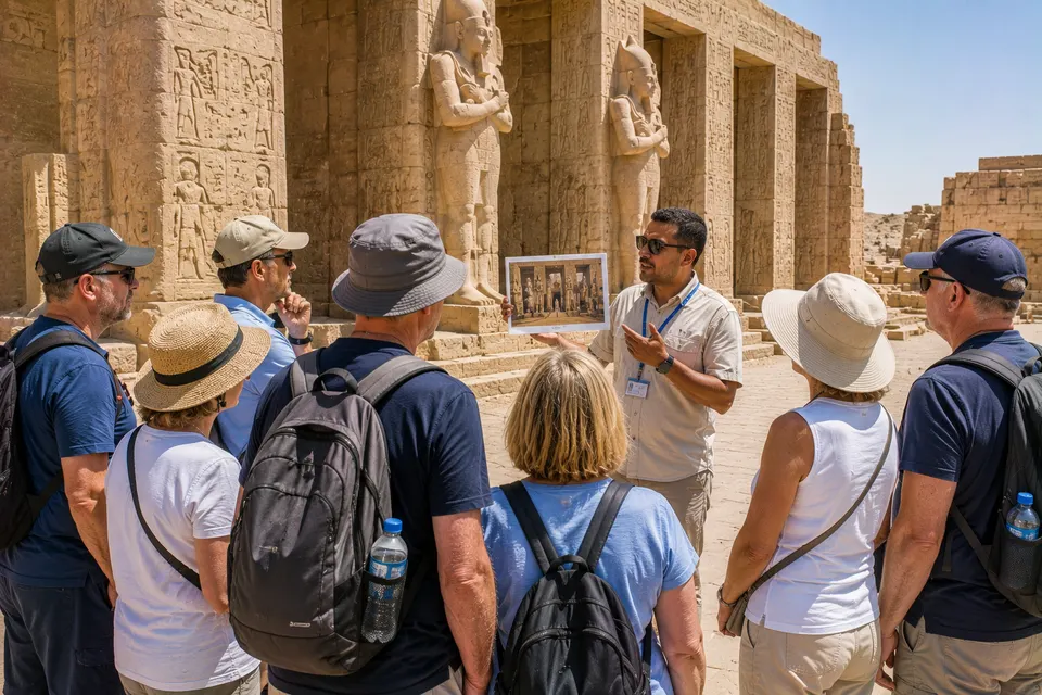 An Egyptologist guide explaining a temple wall to a small group