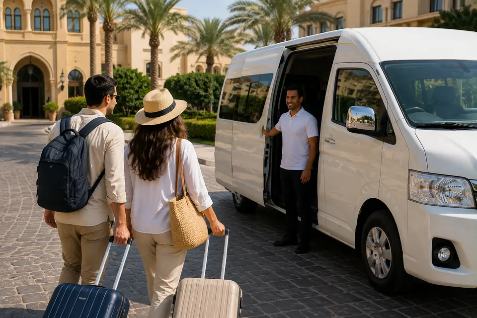 Driver welcoming a couple at a hotel pickup