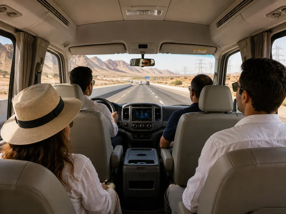 Passengers inside a minibus on a desert highway