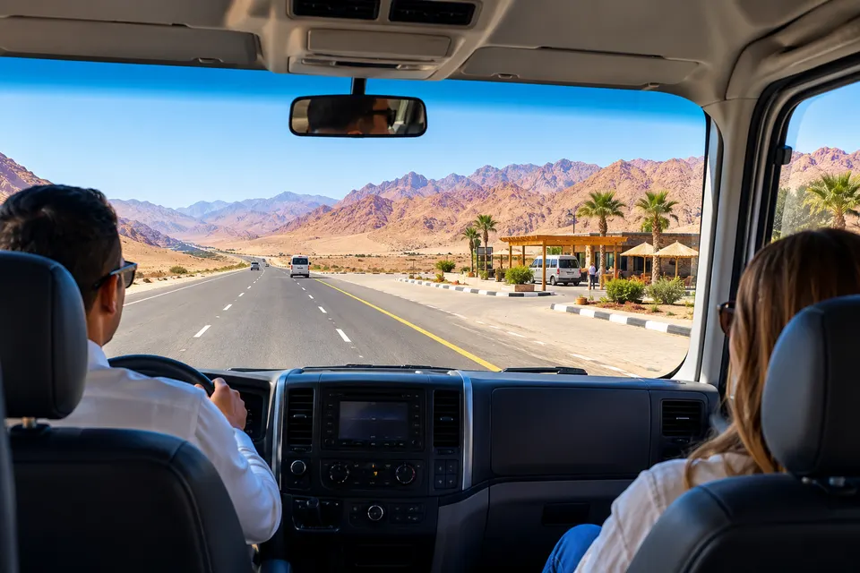View through a minibus windshield at a desert rest stop