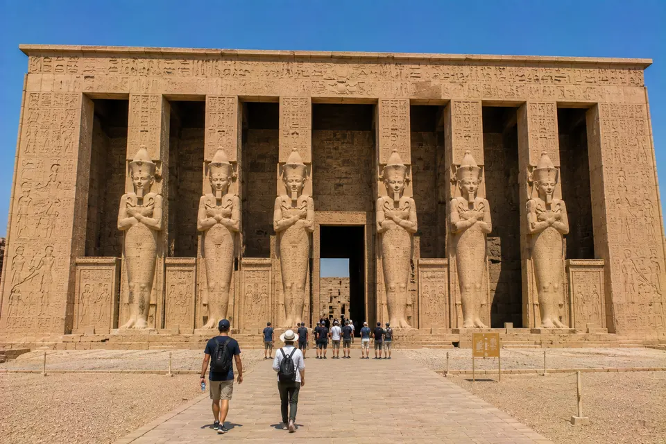 Osiride pillar statues on a temple facade