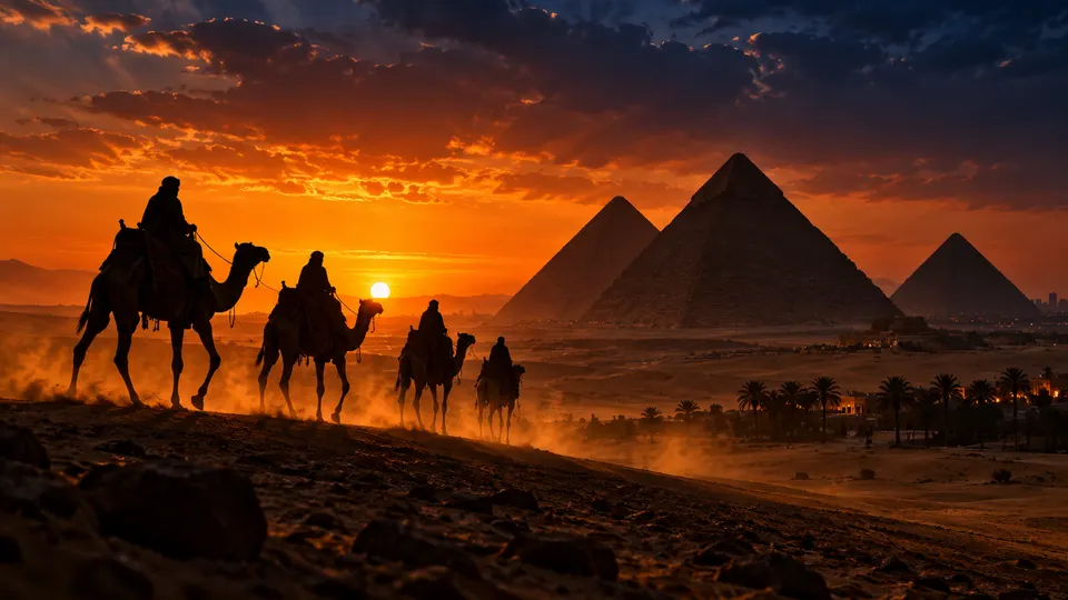 Camel caravan in front of the pyramids at sunset