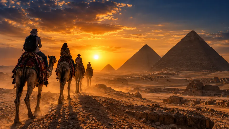 Riders on camels heading towards the Giza pyramids