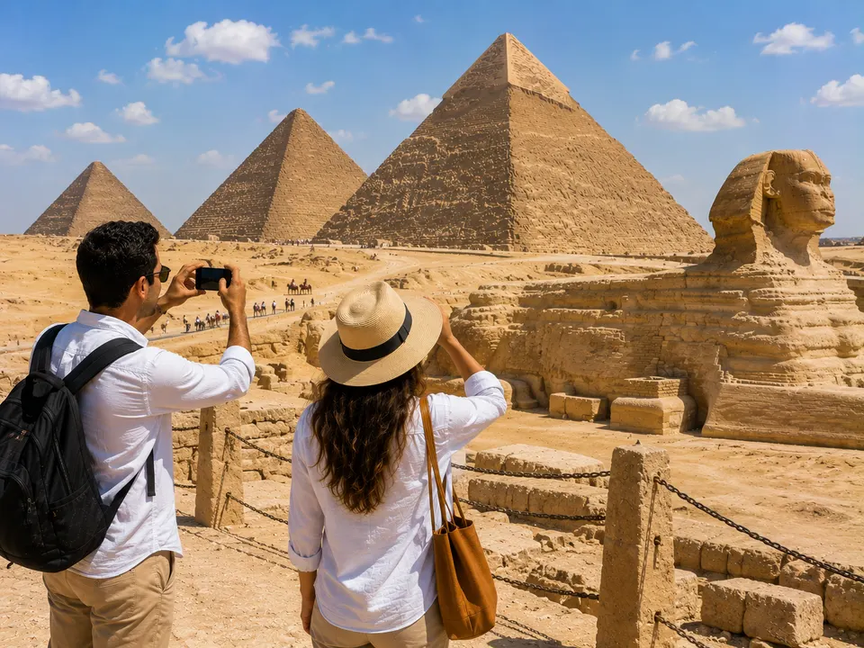 Couple photographing the Sphinx with the three pyramids behind