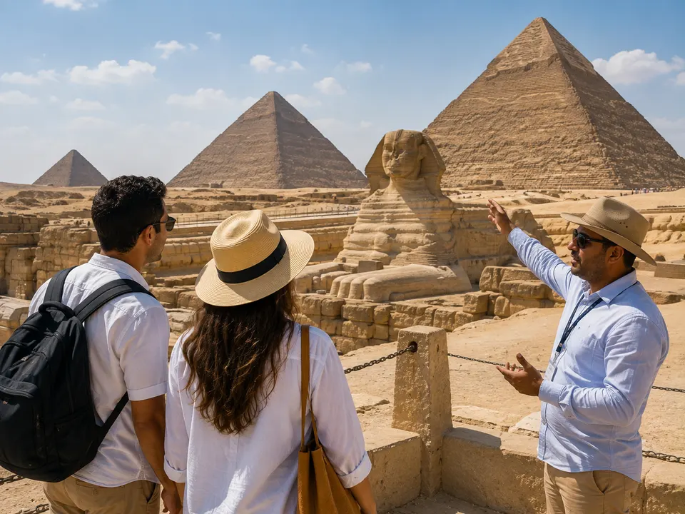 Egyptologist guide with a couple in front of the Sphinx and the pyramids