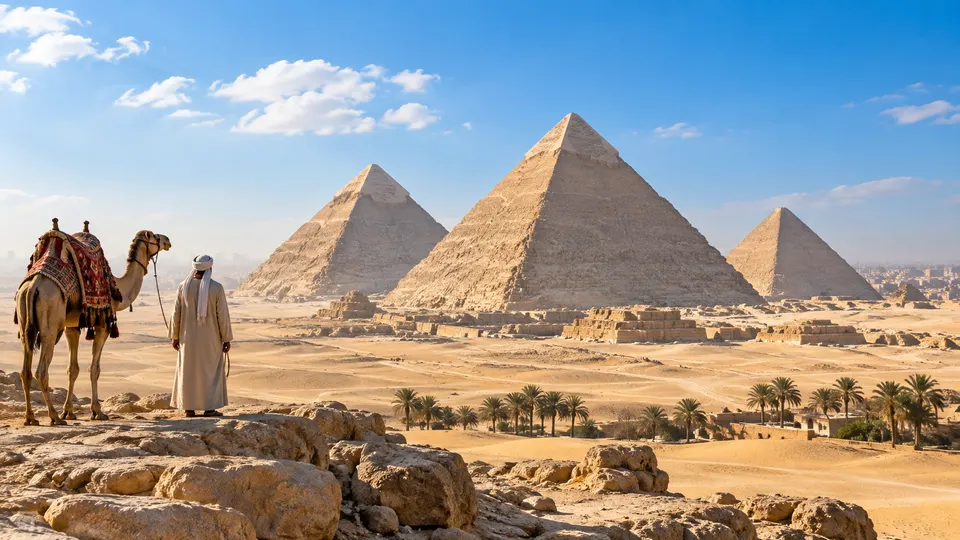 Guide and camel on the Giza plateau under a clear sky