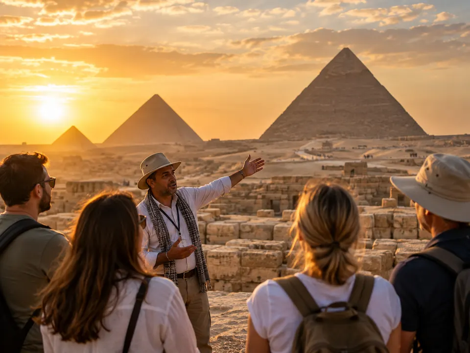 Private guide with guests at the Giza pyramids in the late afternoon