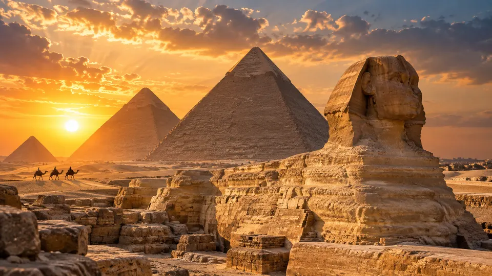 Great Sphinx and the pyramids of Giza at golden hour