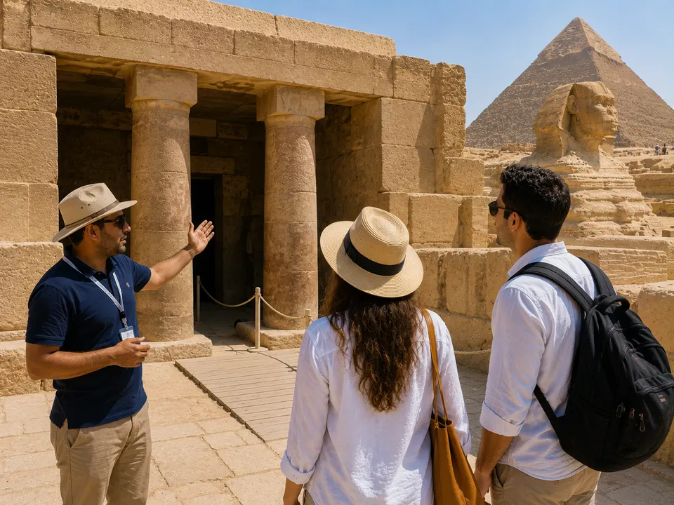 Guide explaining the Valley Temple entrance at Giza