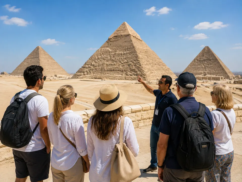 Our Egyptologist guiding a group at the pyramids