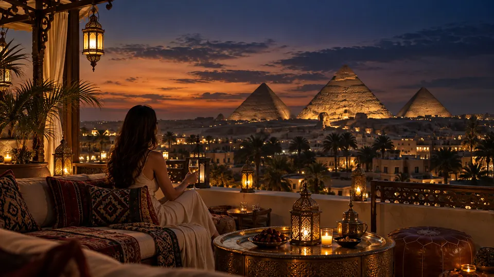 Rooftop lounge with lanterns and the pyramids at sunset