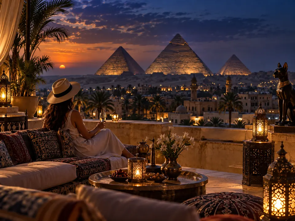 Rooftop terrace with lanterns and the pyramids at sunset