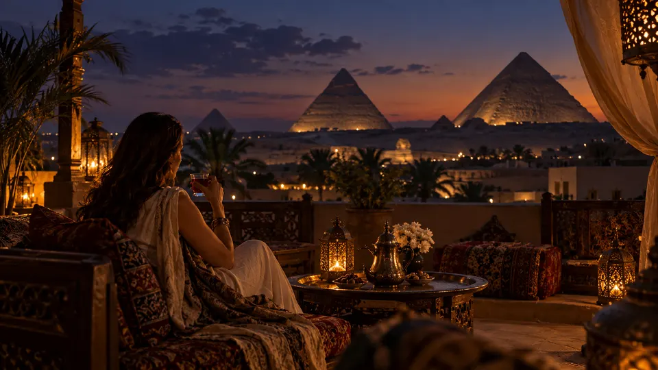 Tea on a rooftop terrace with the Giza pyramids at sunset