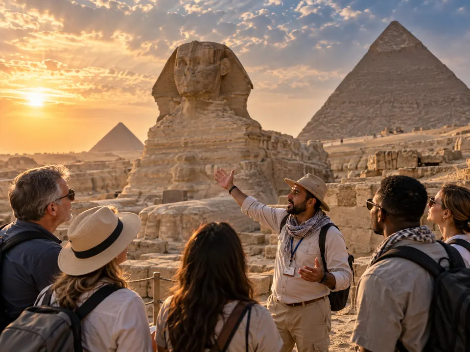 Egyptologist explaining the Great Sphinx to a small group at Giza