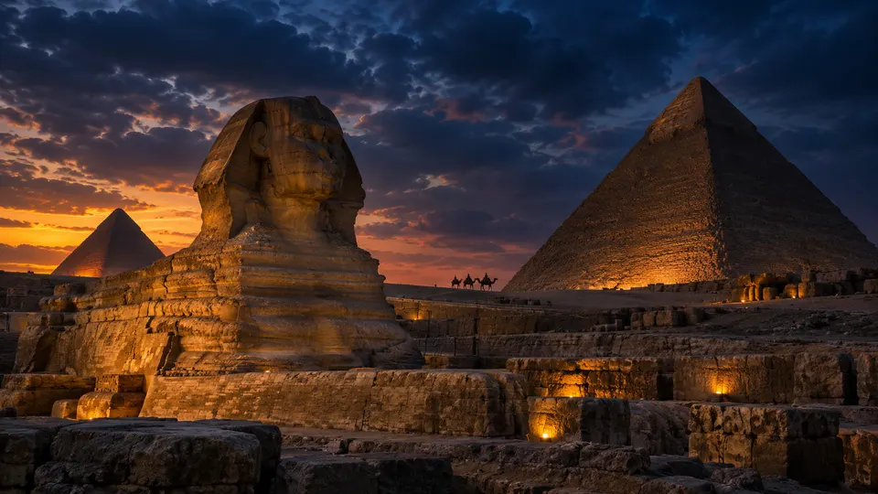 The Sphinx and the pyramids lit up under a dramatic evening sky