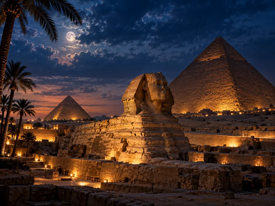 Sphinx and pyramids under a full moon with palms