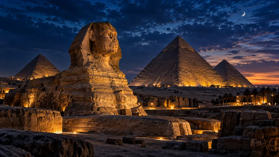 Sphinx and pyramids at night under a crescent moon