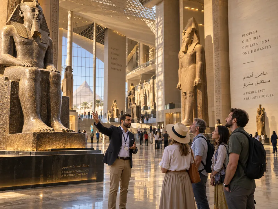 Guide explaining the colossal statues in the Grand Egyptian Museum atrium