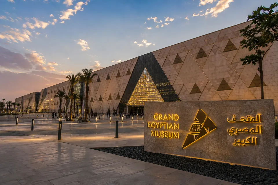 Entrance of the Grand Egyptian Museum at dusk