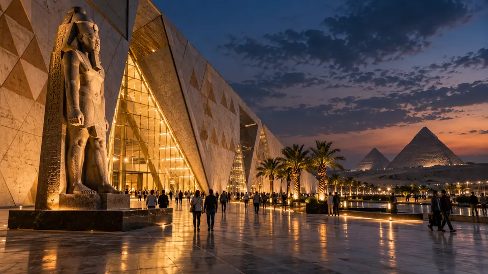Grand Egyptian Museum facade at night with a statue