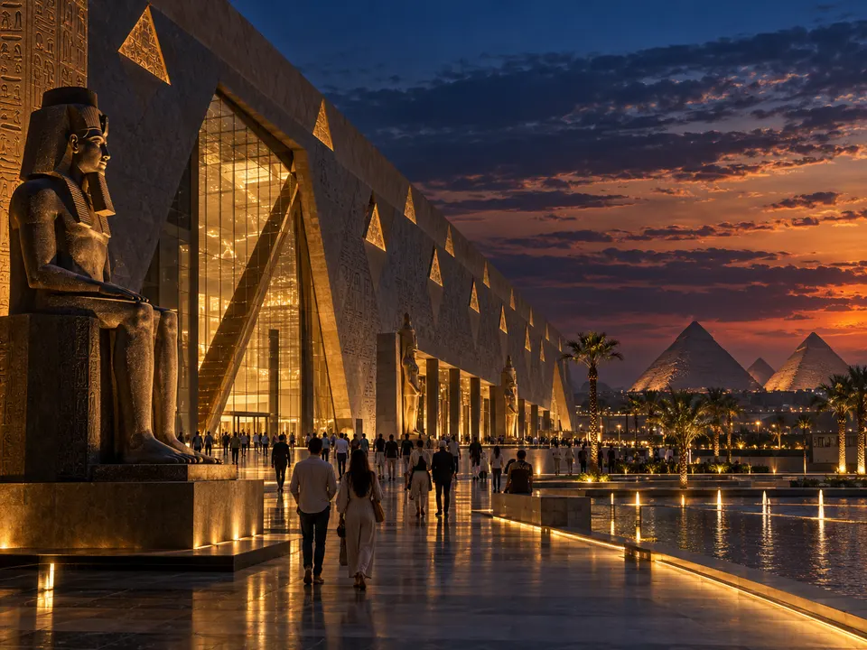 Facade of the Grand Egyptian Museum at dusk with the pyramids behind