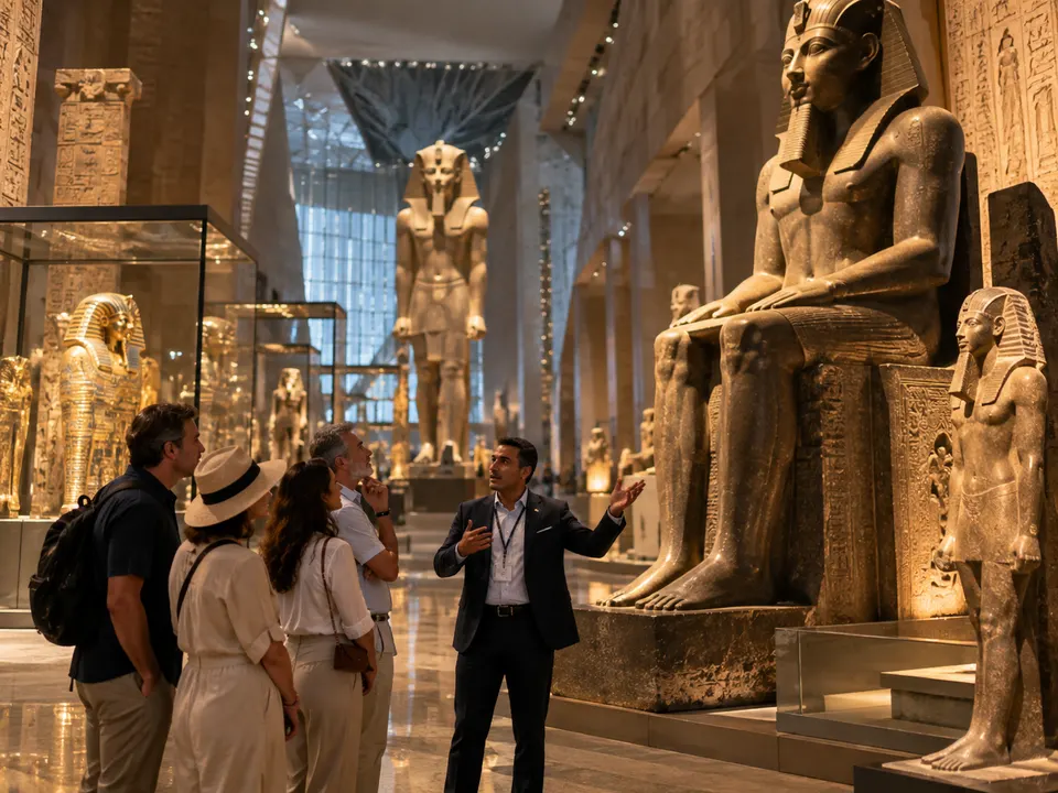 Guided tour in the atrium of the Grand Egyptian Museum