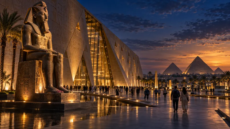 Ramses II colossus at the Grand Egyptian Museum at dusk with the pyramids behind