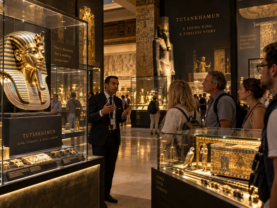 Guided tour in front of the golden mask of Tutankhamun