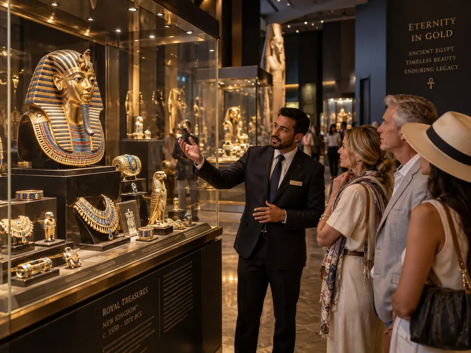 Guide showing Tutankhamun's treasures to a couple