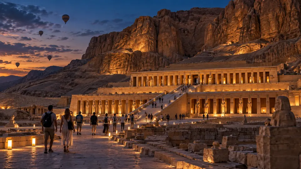 Temple of Hatshepsut at dusk with balloons above