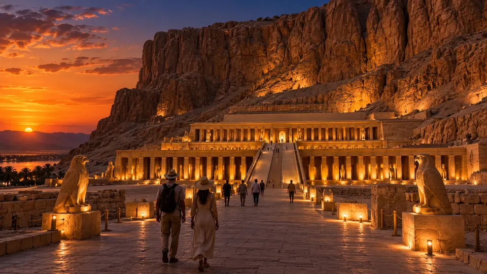 Couple walking towards the Temple of Hatshepsut at sunset