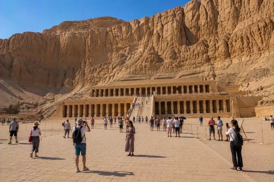 The Temple of Hatshepsut at Deir el-Bahari with visitors on the plaza