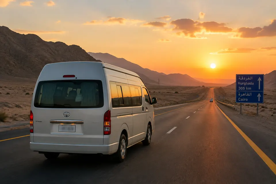 Minibus on the highway from Hurghada towards Cairo at sunset