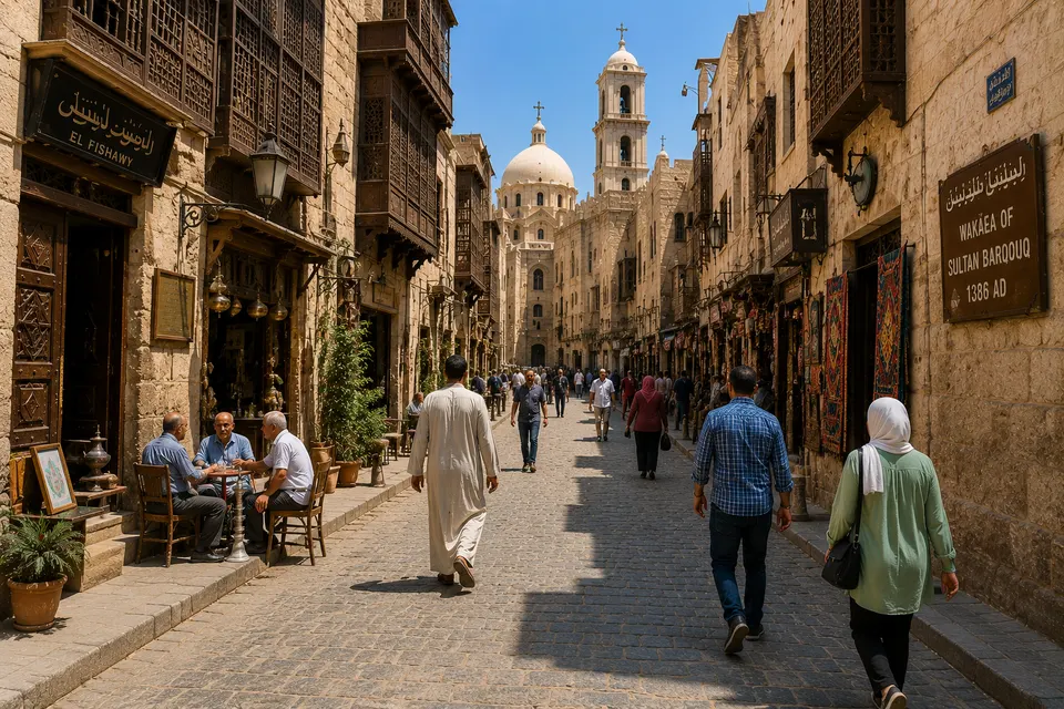 Café on Al-Muizz Street under mashrabiya windows