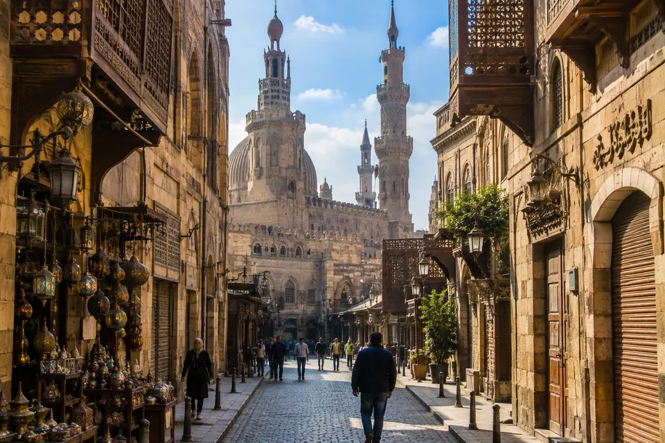 Street in Islamic Cairo with minarets and lanterns