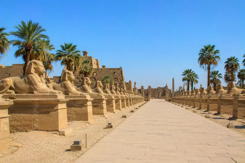 Avenue of Sphinxes at Karnak with palm trees